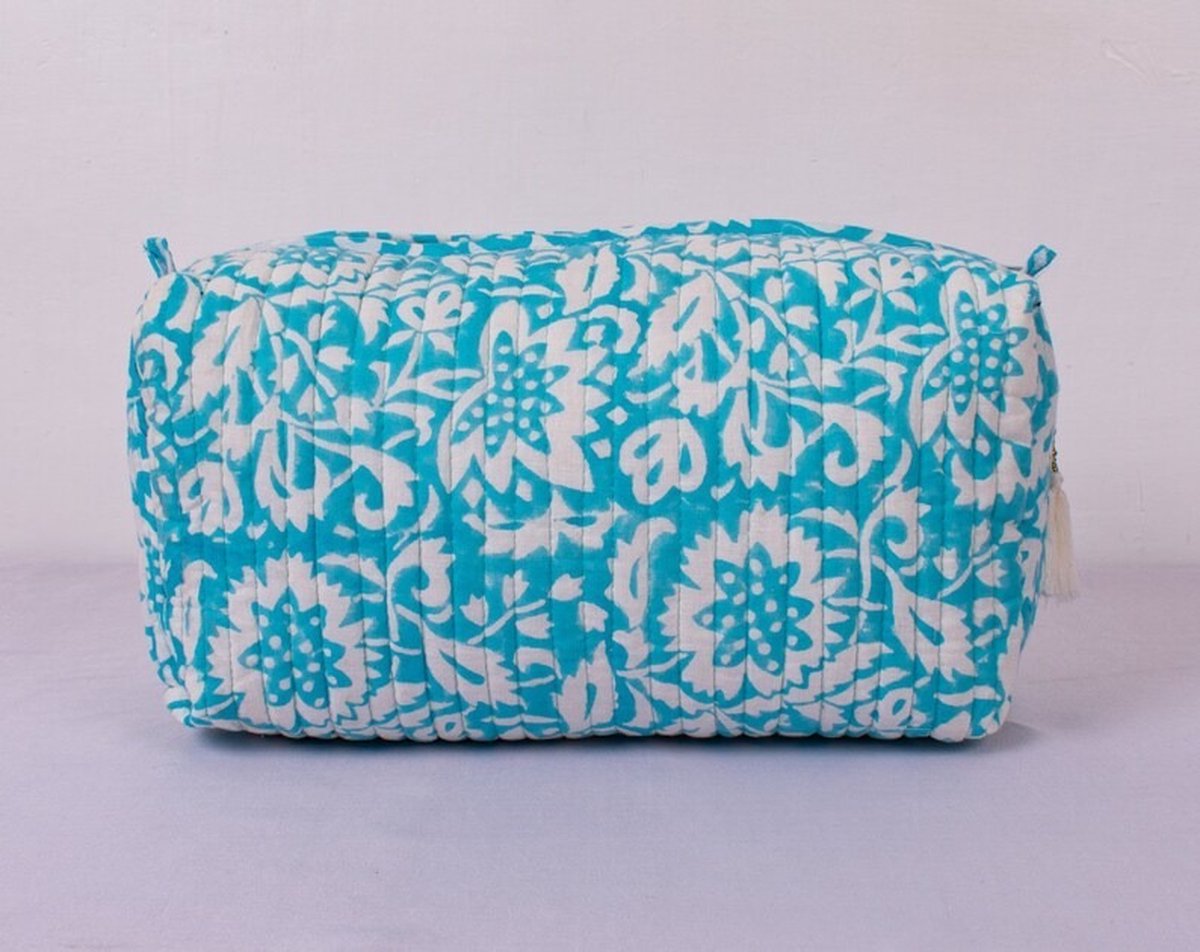 Bambooya make-up tas - Bohemian - Ibiza Style - Made in India - Tassel - Turquoise/wit - Small ( 17 x 12 x 7 cm )