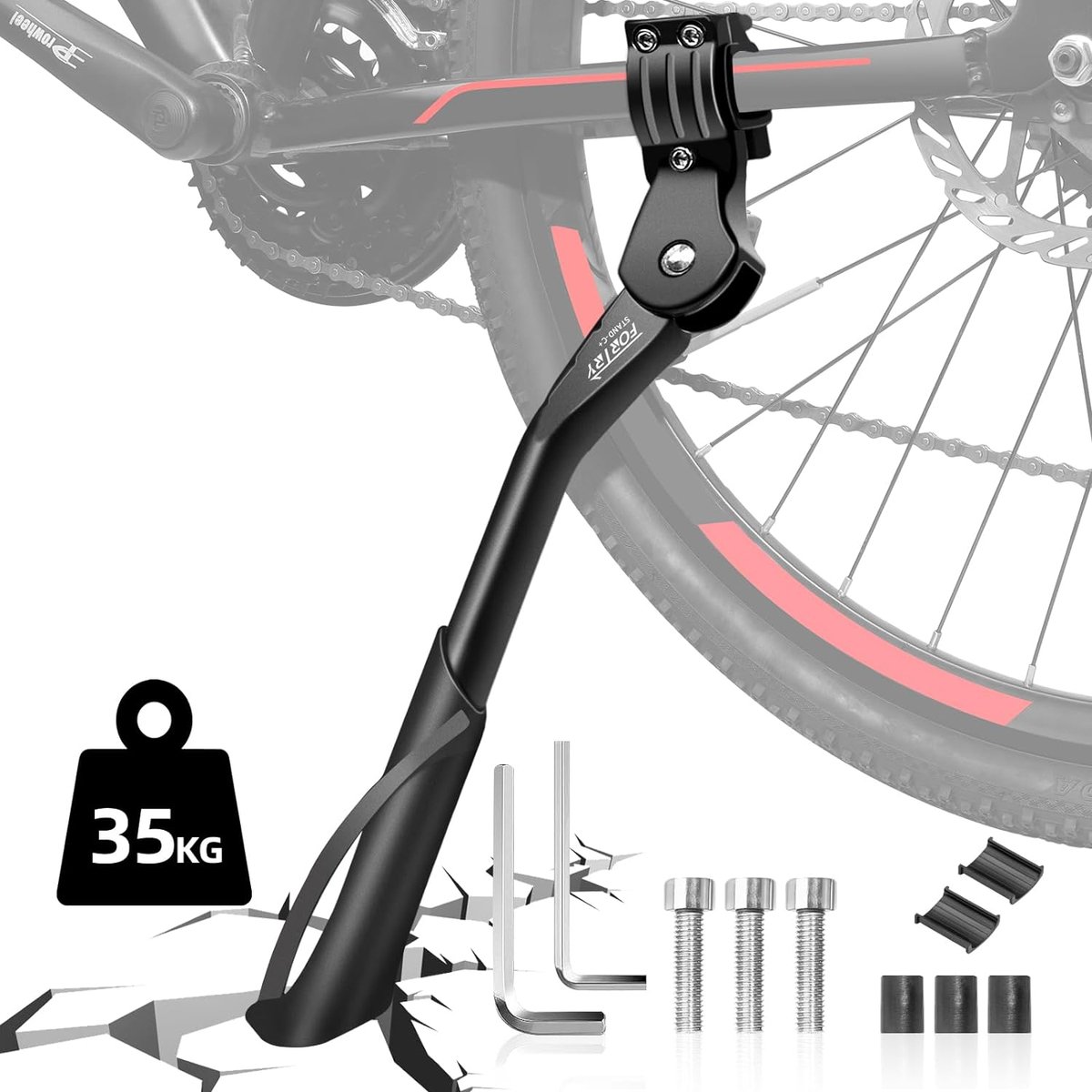 Béquille Latérale Vélo – Alliage Alu, 24-29 Pouces, 35 Kg, Hauteur Réglable, Patin Antidérapant, Facile à Installer