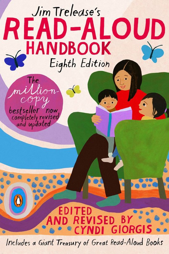 Couverture de livre : Manuel de lecture à voix haute de Jim Trelease, Huitième édition, avec une femme lisant à deux enfants. Papillons et badge de best-seller à un million d'exemplaires.