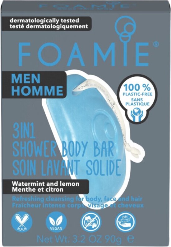 Foamie Men 3-in-1 douche bar in watermunt en citroen geur. De bar is blauw en wordt geleverd in een kartonnen verpakking.