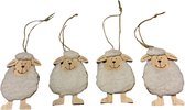 Houten paashangers - schaap met vacht - wol - set van 4 - Paasversiering - Paasboom - Paasdecoratie
