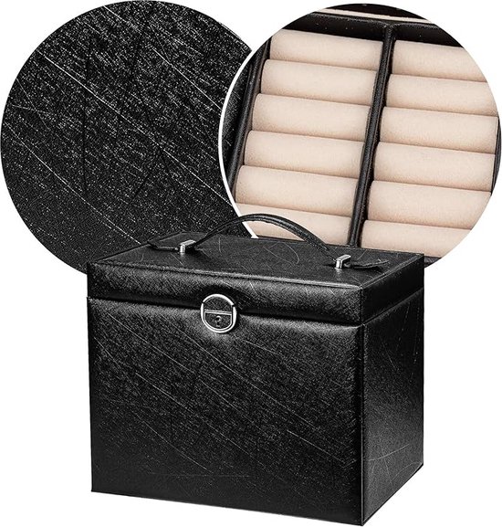 Adel Dream Sieradendoos, afsluitbaar, 5 niveaus met 5 laden, met spiegel, voor ringen, oorbellen, halskettingen en armbanden (zwart 03-6