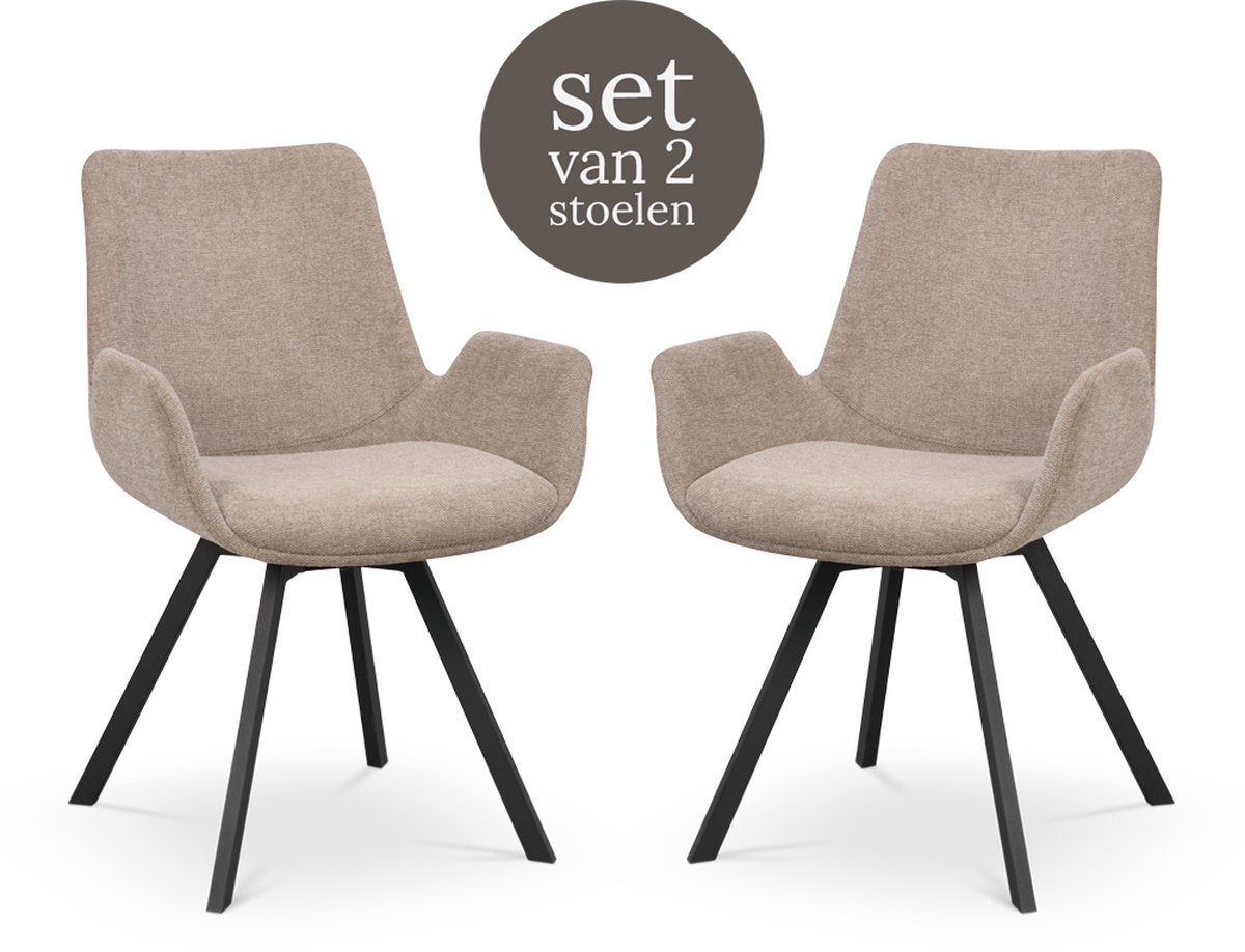 Rowico Home Norwell Eetkamerstoel Draaibaar Beige - Met Armleuning - Stof - Zwart Metalen Poten - Set van 2 Eetkamerstoelen