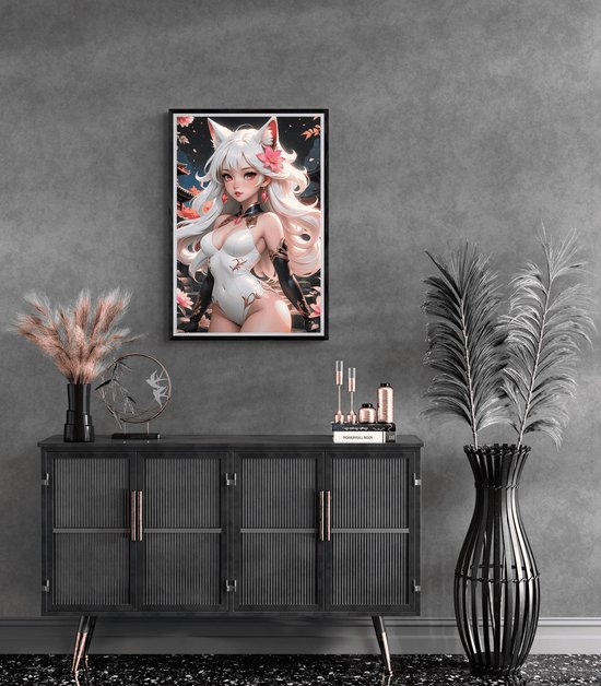 Ingelijste anime poster met wit haar, roze bloem en kattenoren, hangend boven een donkergrijze kast.