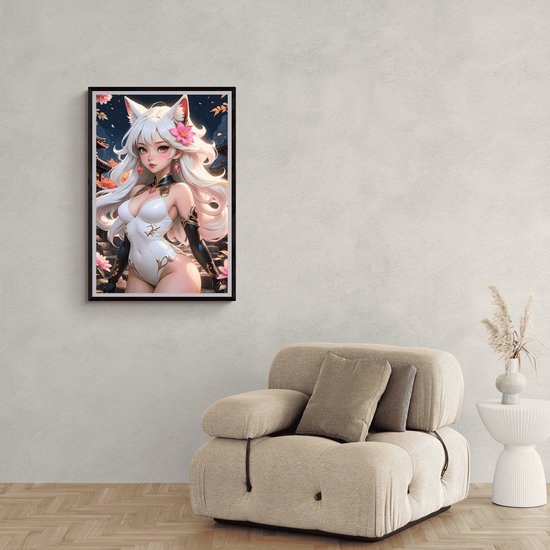 Ingelijst anime poster met wit haar, roze bloem en kattenoren, hangend boven een beige fauteuil.