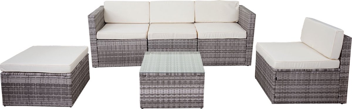 Cosmo Casa Poly Rattan Set - Tuin/Lounge - Set Sofa - Grijs - Bekleding - Crème
