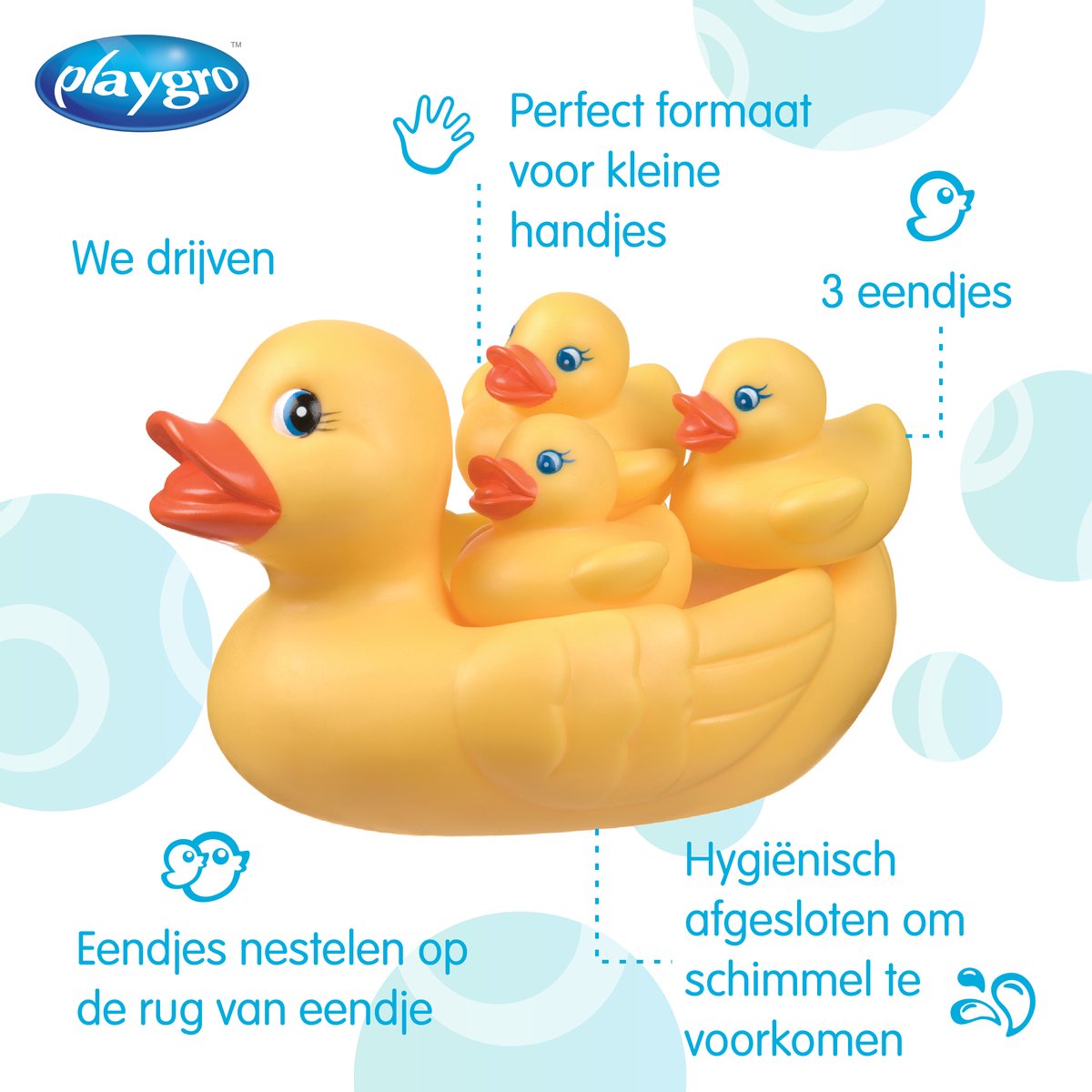 Playgro Badeendjes Familie – badeend - badeendjes - Volledig Afgesloten - Schimmelvrij - waterspeelgoed baby - Waterspeelgoed Peuters Mama eend en 3 eendjes - BPA vrij — afbeelding 13