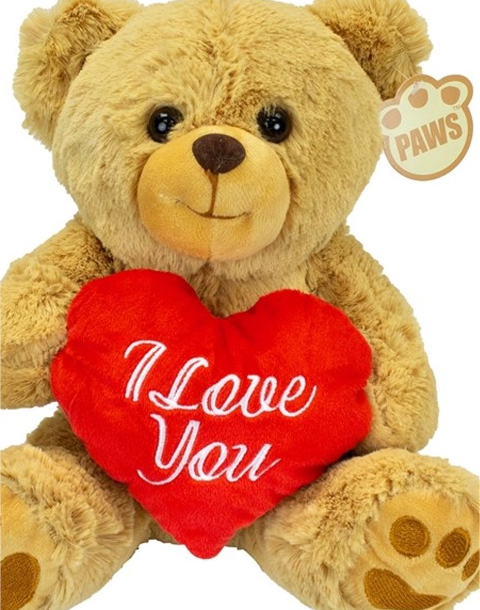 Valentijn I Love You knuffel beertje - zachte pluche - rood hartje - cadeau - 25 cm - lichtbruin - Valentijn cadeautje voor hem/haar — afbeelding 2