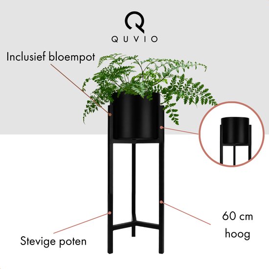 Zwarte, 60 cm hoge plantenstandaard met stevige poten en inclusief bloempot.