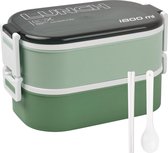 2-laagse Bento Box voor kinderen en volwassenen, lekvrije broodtrommel, lunchbox met 3 vakken en bestek, snack bento box, 1800 ml snackbox, ontbijtbox voor school, picknick, werk, reizen (groen)