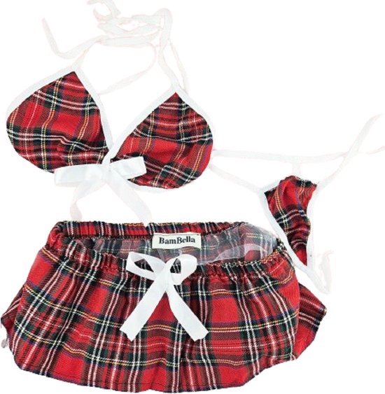 Rood geruite bikini en minirokje met witte strikjes. BamBella logo op rokje.