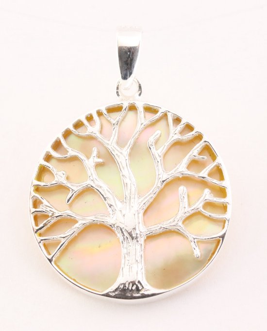 Ronde zilveren hanger met levensboom op goudkleurige schelp