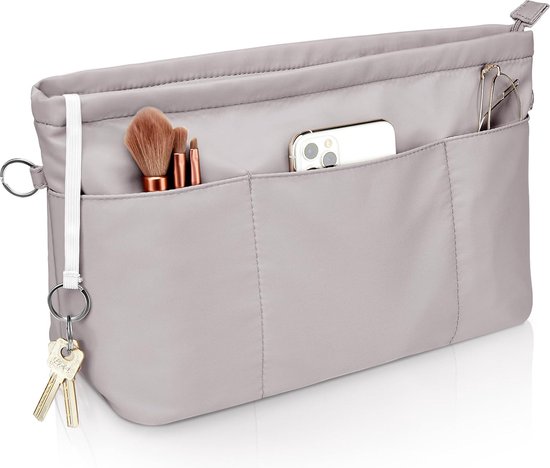 BINYI Organizer tascabile, tasca interna per borsa, organizer in nylon, tasche interne, impermeabile, con portachiavi e chiusura lampo, borsa da donna per Longchamp Tote Bag Purse (grigio