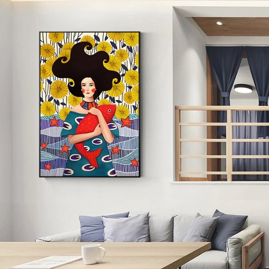 Allernieuwste.nl® Canvas Schilderij * Modern Meisje met Vis * - Moderne Kunst aan je Muur - Groot schilderij - Kleur - 70 x 100 cm