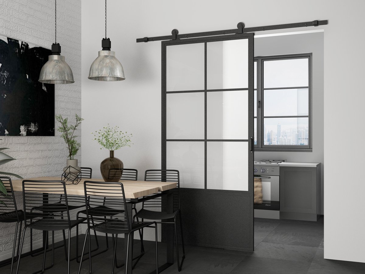 Barnwoodweb Schuifdeur staal en glas 6 vaks kickplate melkglas 100x235 - Complete set inclusief schuifdeursysteem en deurgreep