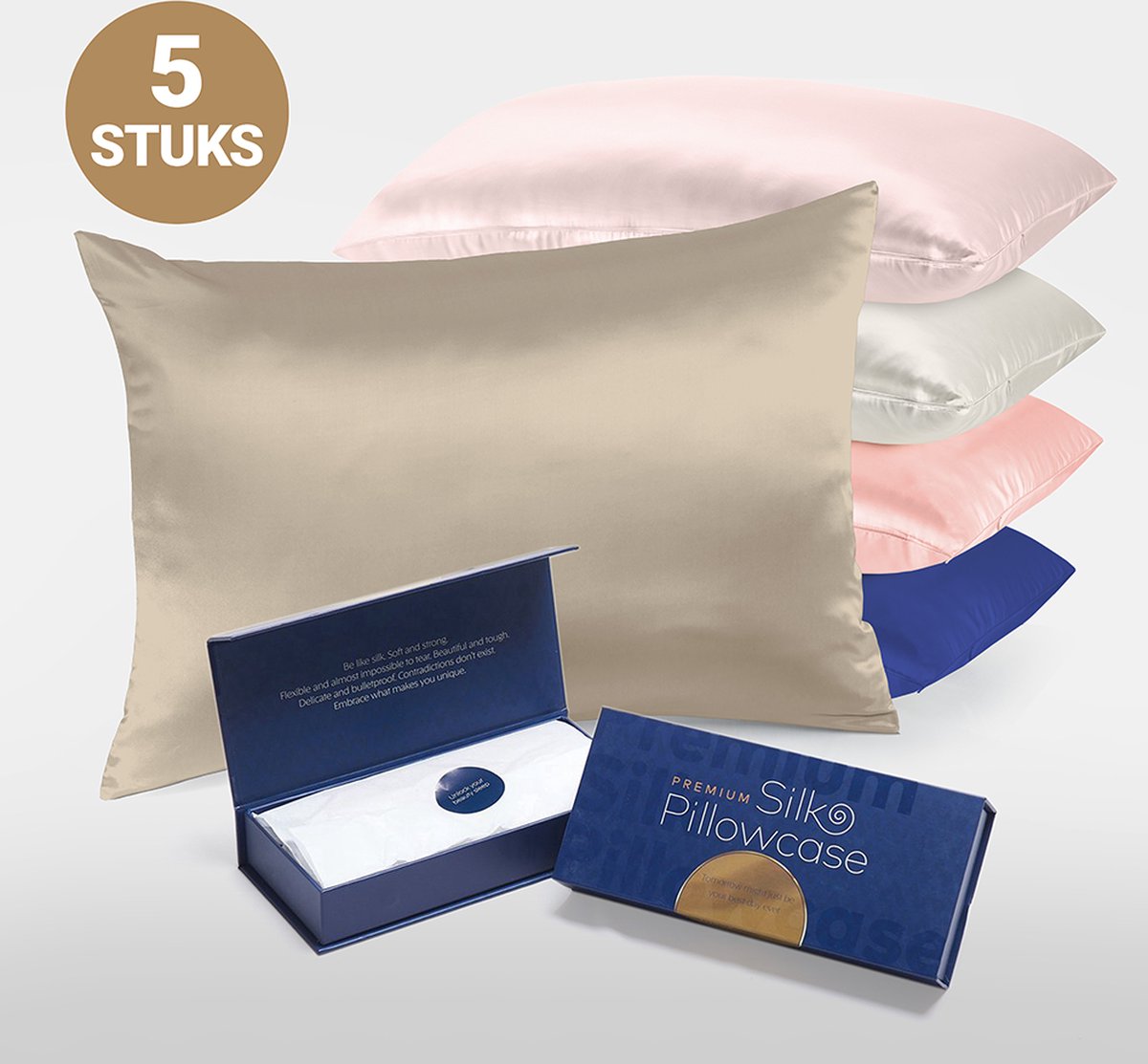 Slowwave Premium Silk Pillowcase - Rainbow Pack: Champagne, Cloud Burst (blauw), Off White (gebroken wit), Pink Swan (lichtroze) en Cherry Blossom (roze) - Ervaar het beste zijden kussensloop - 100%Mulberry zijde - 22 momme- Grade 6A -60x70cm