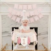 Boho verjaardags slinger 1 jaar - Kinderstoel slinger - Klosjes - Ibiza style - Oud roze