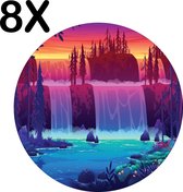 BWK Luxe Ronde Placemat - Zonsondergang bij Waterval - Landschap - Illustratie - Set van 8 Placemats - 40x40 cm - 2 mm dik Vinyl - Anti Slip - Afneembaar