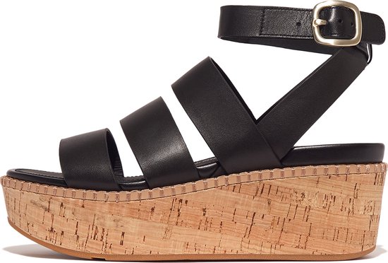 FitFlop Eloise Leather/Cork Strappy Wedge Sandals ZWART - Maat 40