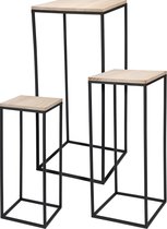 In & Out Deco plantentafel - bijzettafel - set van 3 stuks - metaal - zwart met houten bovenblad