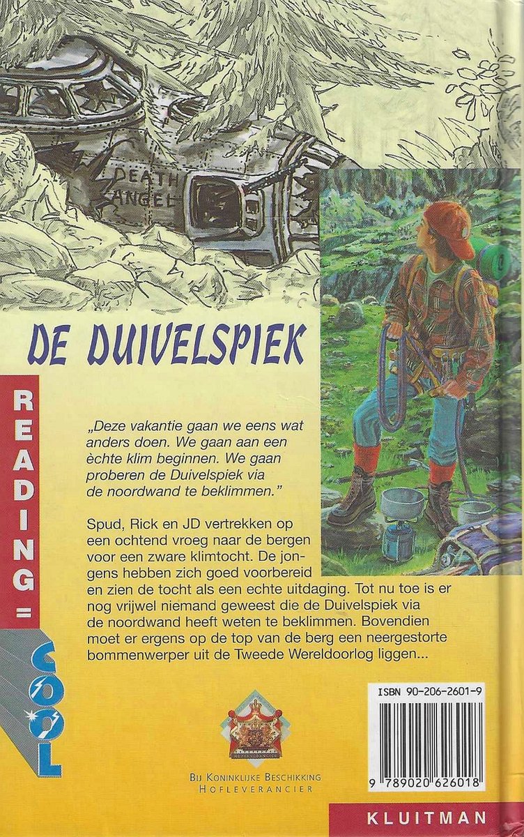 Achterkant boekcover 'De duivenspiek' met tekst en een kind met bergbeklimmersuitrusting.