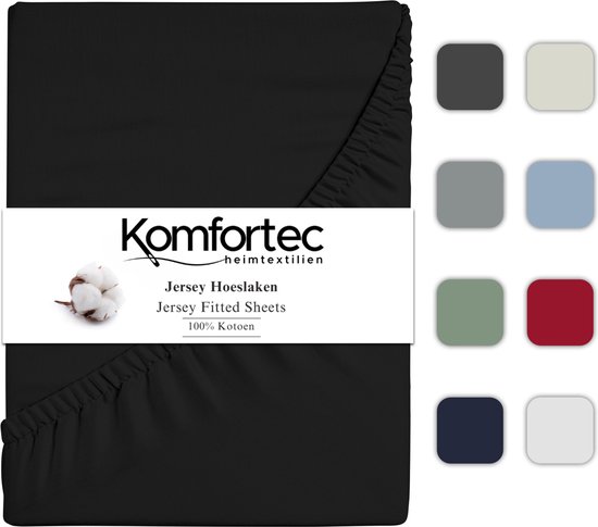 Komfortec Jersey Stretch Hoeslaken 90x200 cm - Fitted Sheet - Rondom Elastiek - 100% Katoen - Zwart