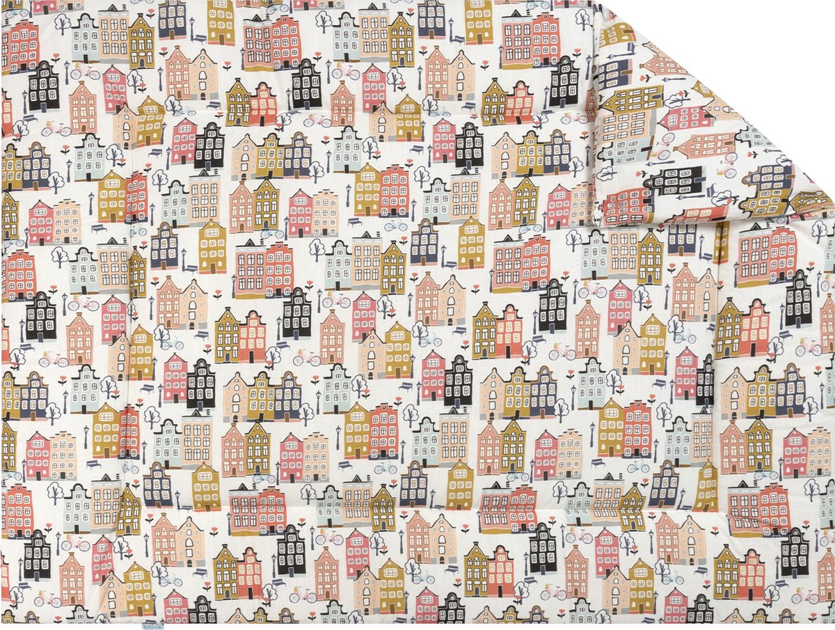 BINK Bedding Boxkleed Adam 80 x 100 cm - vulling fiberfill 400 grams - print met huisjes - Hollandse huisjes - ecru - roze - peach - blue - grijs - mosterdgeel - tweezijdig