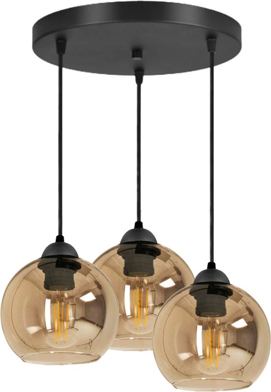 Lampe suspendue industrielle pour salon, salle à manger - Orientable max 70 cm - 3 lumières - E27 jusqu'à 60 W - Glas ambré