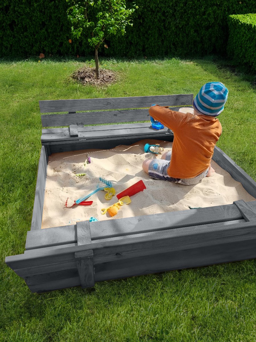 Afsluitbare Zandbak met Banken 120x120 cm – Gecertificeerd & Geïmpregneerd in Grijs | Incl. AFDEKZEIL & GRONDDOEK | Voor 1-2 Kinderen — afbeelding 16