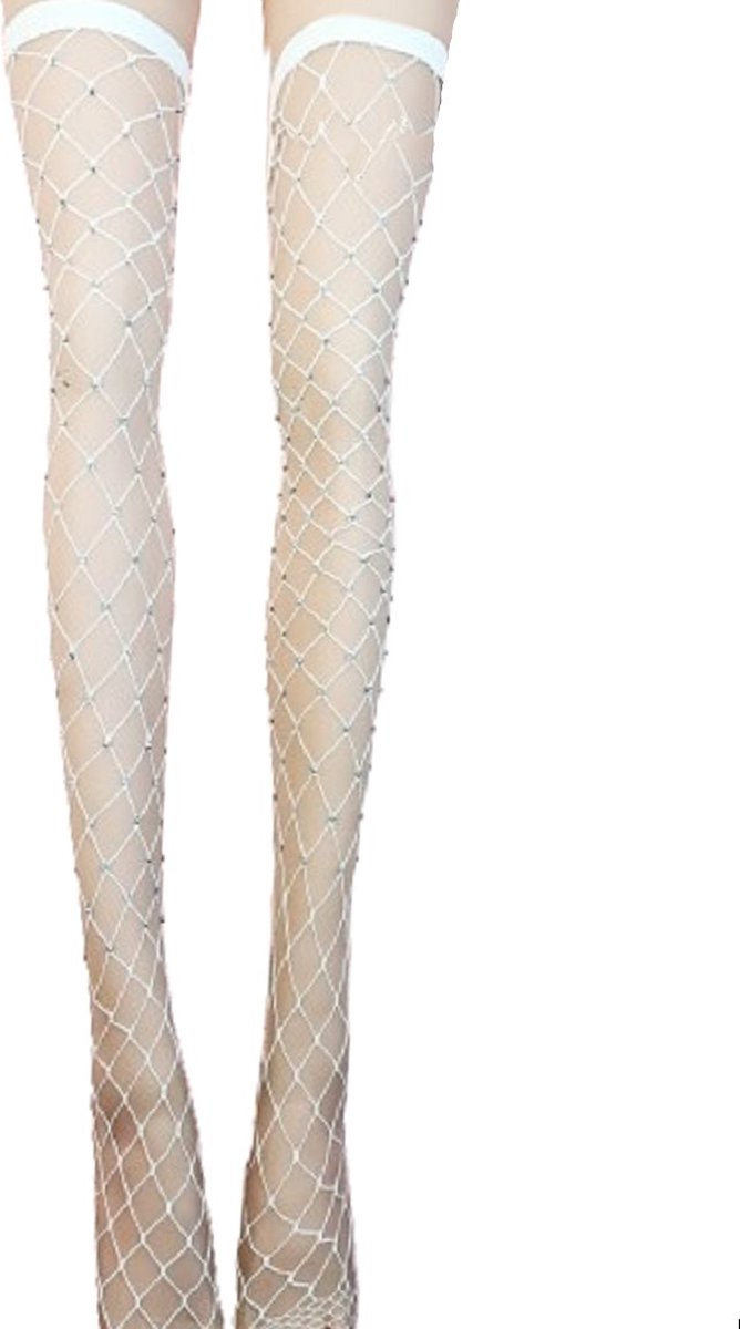 Goedkoopste BamBella® - Erotisch Gaas Panty kousen dames - Sexy hoge sokken met steentjes Wit