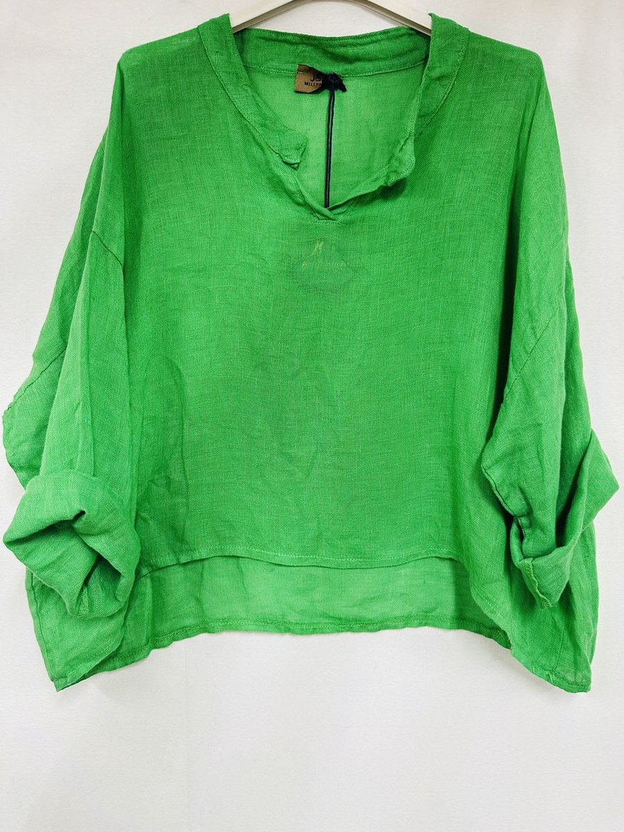 Mooi linnen korte - cropped top - v-hals hals - kraagje - raglan mouwen kleur GRAS GROEN - one size