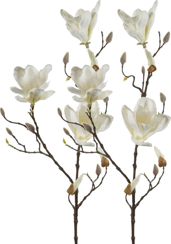 Emerald Kunstbloem Magnolia tak - 2x - 90 cm - wit/creme - Kunst zijdebloemen