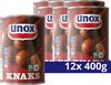 Een voordeelverpakking van 12 blikken Unox Knaks. Een close-up toont een paar worstjes in blik, met het Unox logo en de tekst 'Beter Leven'.