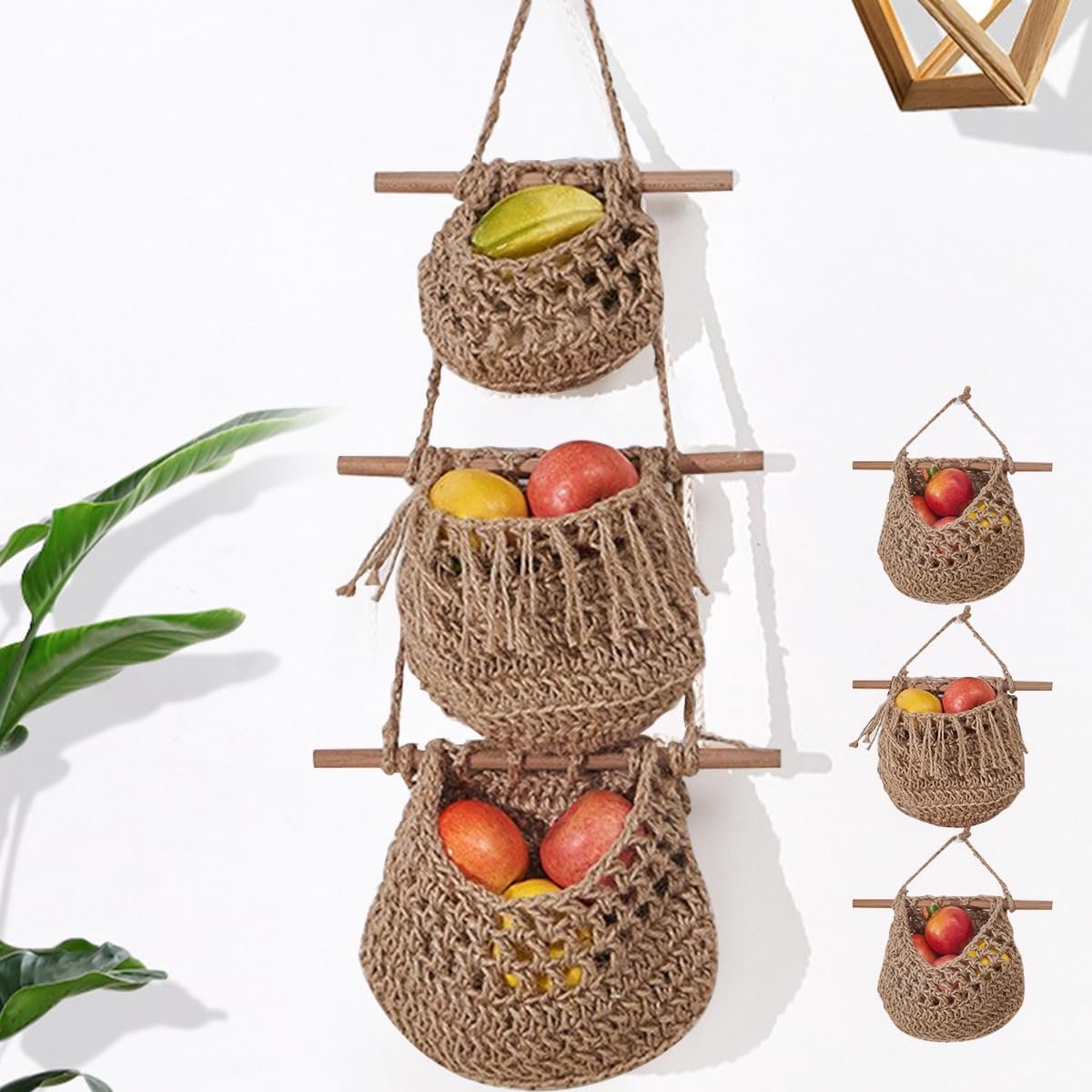 Fruitmand met 3 verdiepingen, hangend, fruitmand voor aan de muur, fruitopslag, handgemaakte mand, hangende keuken, boho, hangmand, voor keuken, woonkamer, badkamer, slaapkamer (bruin)