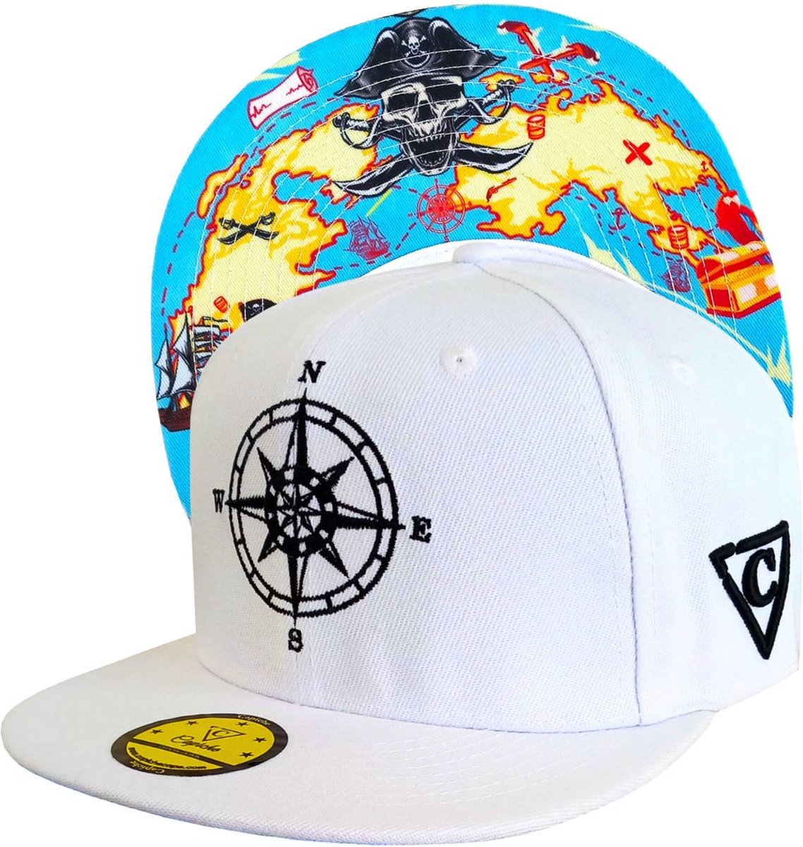 Capiche® Snapback – Schatkaart – Wit – Pet Heren – Sportcap – Baseball Cap – Piraten Pet – Treasure Map Piraten Collectie