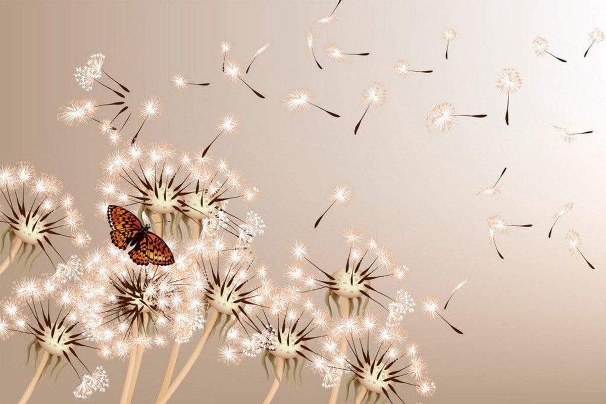 Fotobehang - Dandelions and Butterfly 375x250cm - Vliesbehang