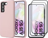 Hoesje geschikt voor Samsung Galaxy A35 - 2x Screenprotector Volledig Dekkend Glas - Mat Back Case Roze