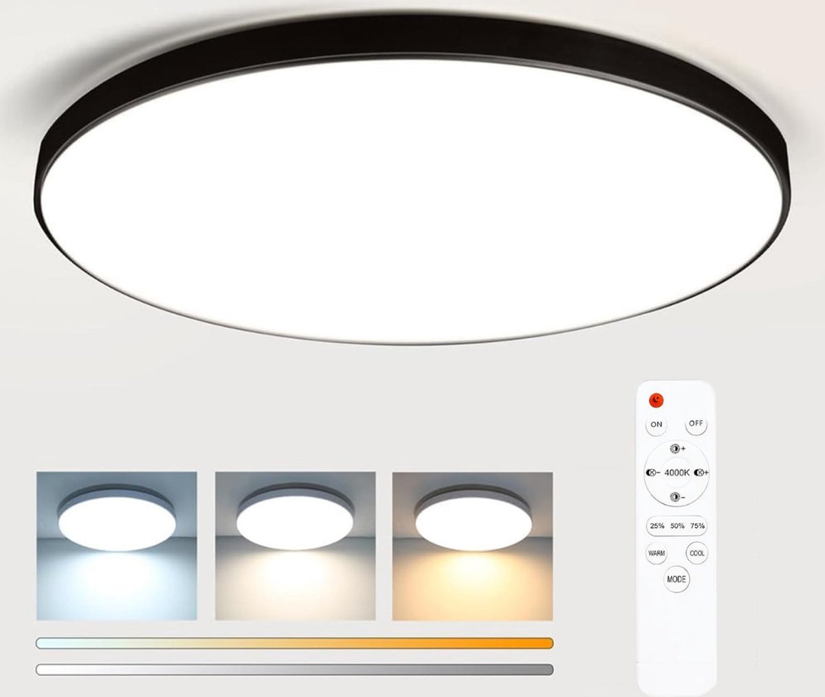 Plafondlamp - "Veelzijdige Dimbare LED Plafondlamp: 30W 4000LM, Afstandsbediening, 3000K/4500K/6500K Kleurtemperatuur Instelbaar, Zwarte Waterdichte Moderne Plafondlamp - Ideaal voor Woonkamer, Badkamer & Hal!"