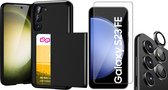 Hoesje met Pasjeshouder geschikt voor Samsung Galaxy S23 FE - Screenprotector GlassGuard & Camera Lens Screen Protector Zwart - Back Cover SlideCase Zwart