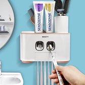 Tandenborstelhouder, tandenborstelhouder, wand- en tandpastadispenser, set voor kinderen en volwassenen, 2 tandpastadispensers automatisch met 5 tandenborstelsleuven en 4 kopjes, geen boren