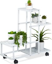 Relaxdays plantenrek op wielen - 4 planken - metalen bloemenrek - witte plantenetagère