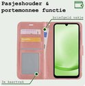 Roze telefoonhoesje met 3 kaartvakken, een vak voor briefgeld en een telefoonhouder.