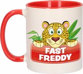 1x Fast Freddy beker / mok - rood met wit - 300 ml keramiek - luipaarden bekers