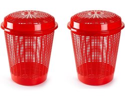 Plasticforte Wasmand met deksel - 2x stuks - 50 liter - rood - rond - D45 x H57 cm - opbergmand
