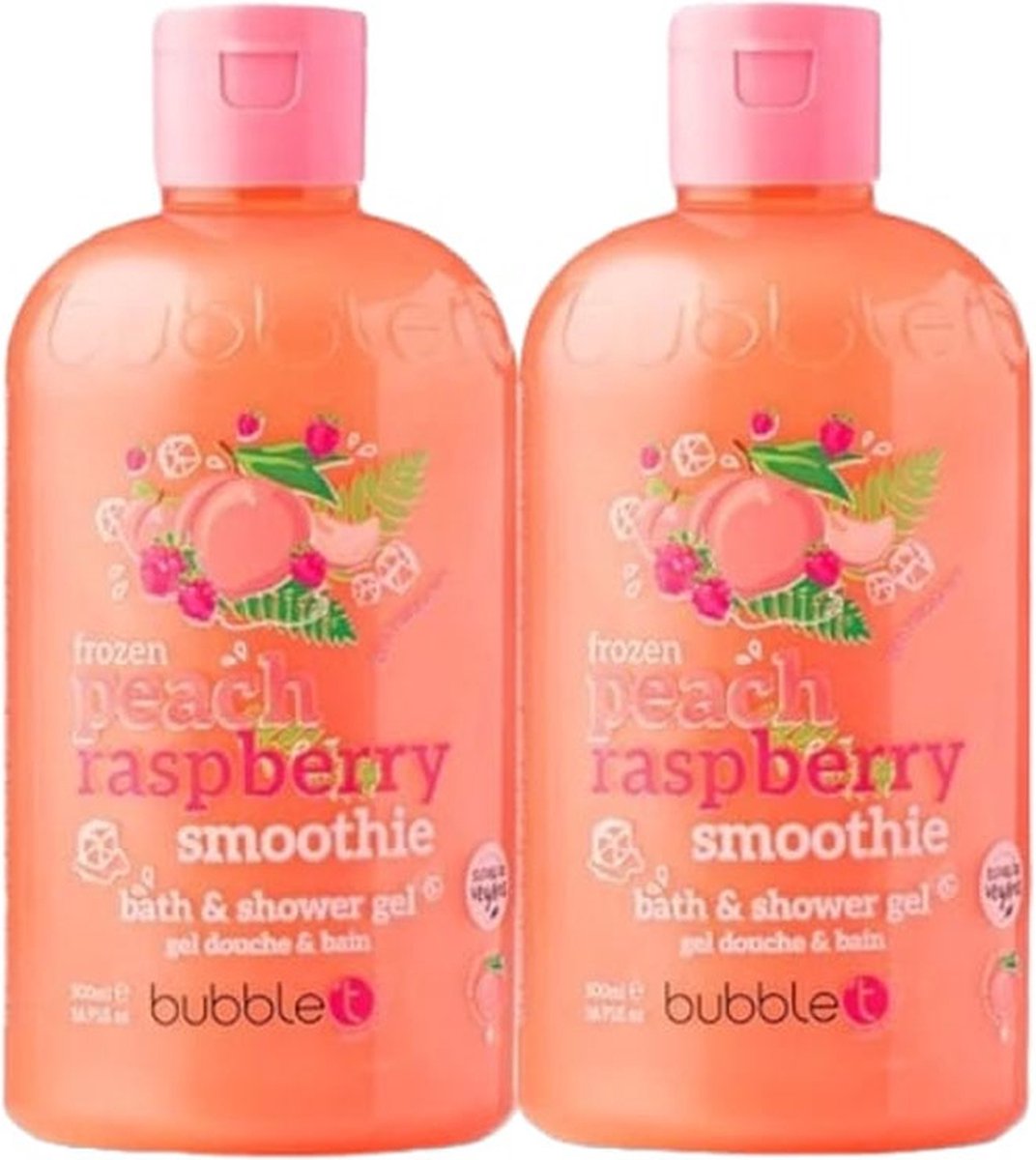 Goedkoopste BubbleT Bad- & Doucheschuim – 2x 500 ml – Perzik & Framboos Smoothie – Fruitige Douchegel met Heerlijke Geur & Vrolijke Kleur