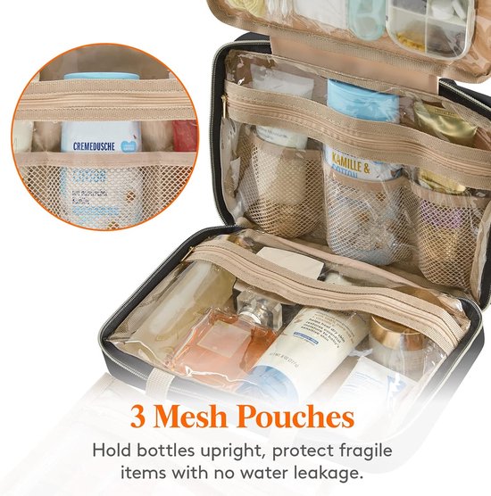 Trousse De Toilette Voyage Suspendue 6.5L - Imperméable, 4 Poches Transparentes, Crochet 360° - Beige - 8