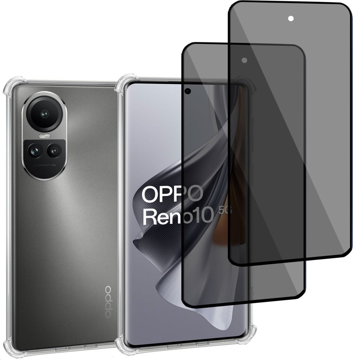 Geschikt voor OPPO Reno 10 - Hoesje + 2x Screenprotector – Gehard Glas Cover + Shock Proof Case - Transparant