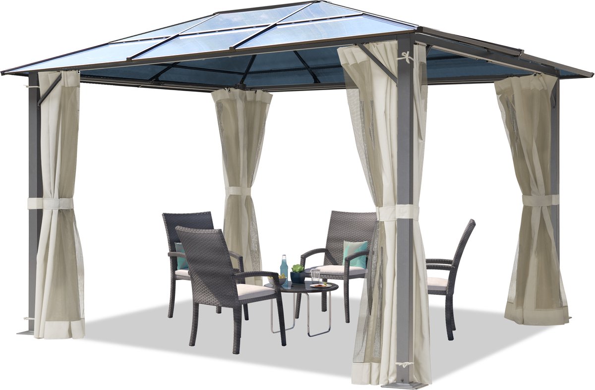 Tuinpaviljoen 3x3,65 m ca. 6 mm polycarbonaat dak 4 muggennetten en zijwanden beige