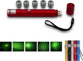 Green Laserpointer Rode Aluminium Behuizing Met Groene Sterke Laserstraal en 5 Verschillende Figuren Dopjes - Usb Oplaadbaar