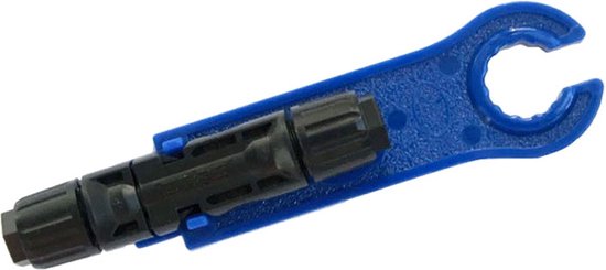 Een blauw kunststof gereedschap voor MC4 connectoren met een inham aan de bovenkant en een zwarte schroefbevestiging aan het uiteinde.